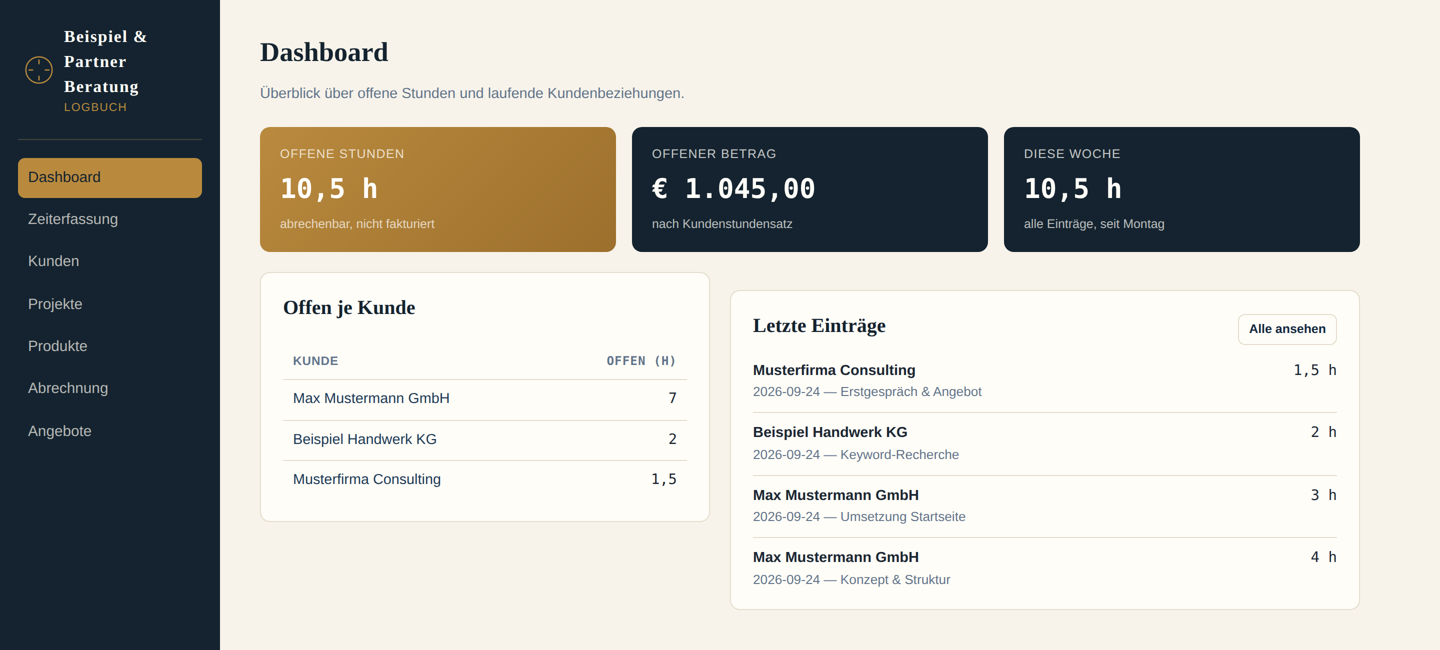 Dashboard von LOTSE Logbuch mit offenen Stunden, offenem Betrag und letzten Einträgen